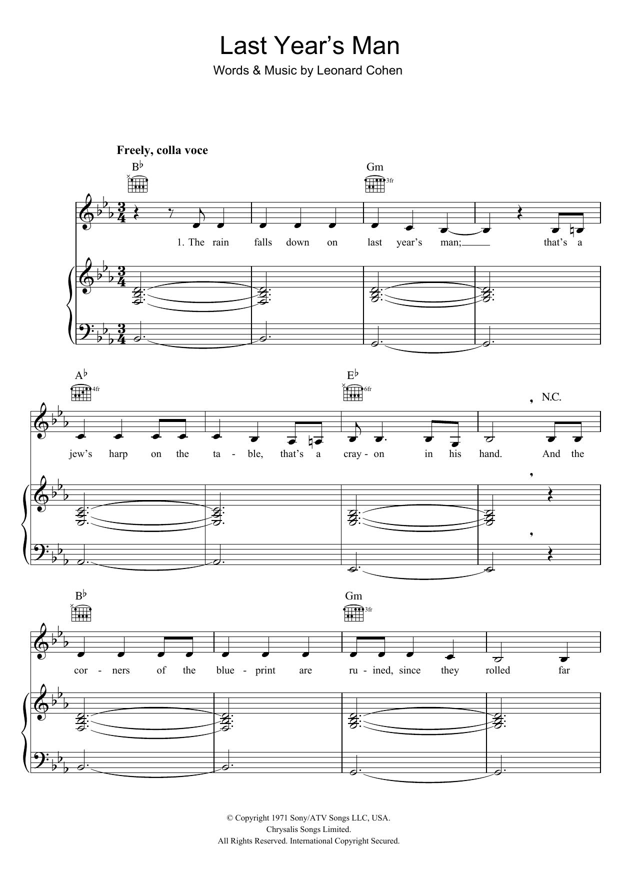 Leonard Cohen Last Year's Man sheet music notes and chords arranged for Piano, Vocal & Guitar Chords
