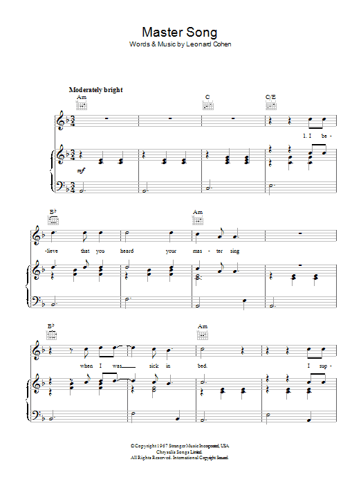 Leonard Cohen Master Song sheet music notes and chords arranged for Piano, Vocal & Guitar Chords