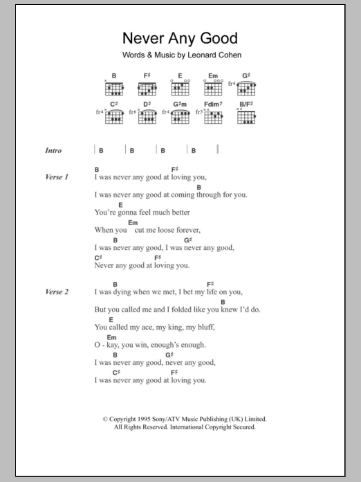 Leonard Cohen Never Any Good sheet music notes and chords arranged for Guitar Chords/Lyrics