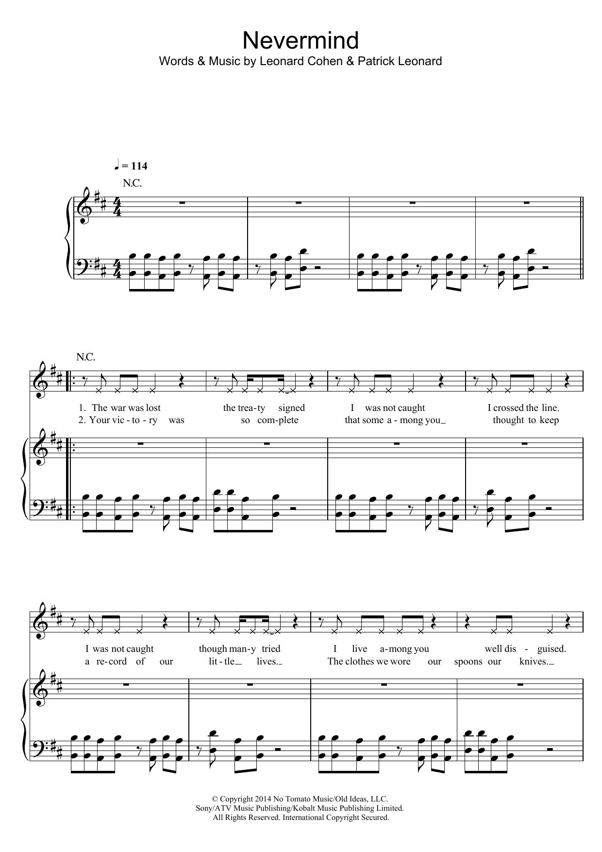 Leonard Cohen Nevermind sheet music notes and chords arranged for Piano, Vocal & Guitar Chords