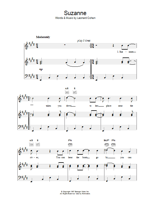 Leonard Cohen Suzanne sheet music notes and chords arranged for Ukulele Chords/Lyrics