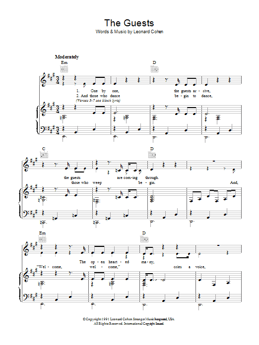 Leonard Cohen The Guests sheet music notes and chords arranged for Guitar Chords/Lyrics