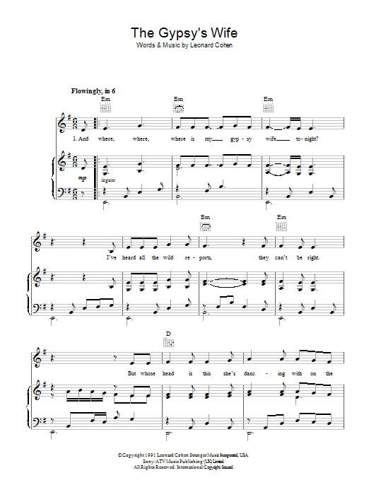 Leonard Cohen The Gypsy's Wife sheet music notes and chords arranged for Piano, Vocal & Guitar Chords