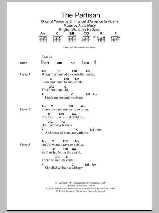 Leonard Cohen The Partisan sheet music notes and chords arranged for Guitar Chords/Lyrics