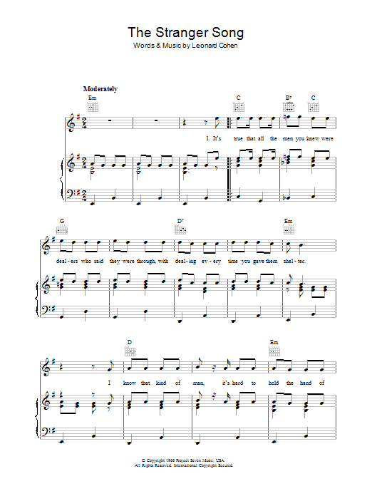 Leonard Cohen The Stranger Song sheet music notes and chords arranged for Piano, Vocal & Guitar Chords