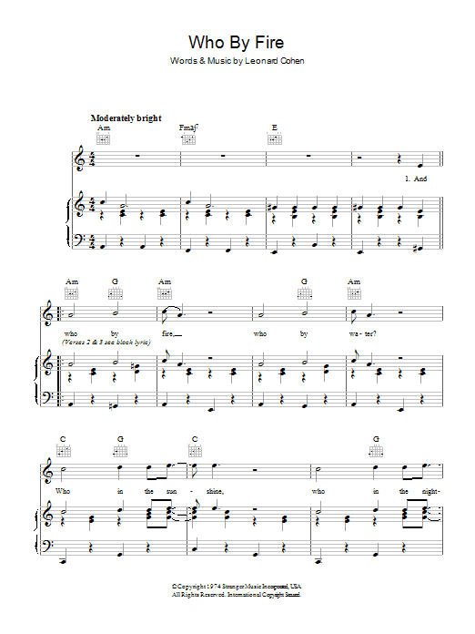 Leonard Cohen Who By Fire sheet music notes and chords arranged for Piano, Vocal & Guitar Chords