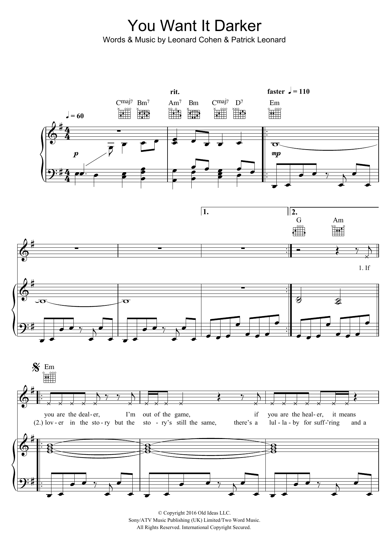 Leonard Cohen You Want It Darker sheet music notes and chords arranged for Piano, Vocal & Guitar Chords (Right-Hand Melody)
