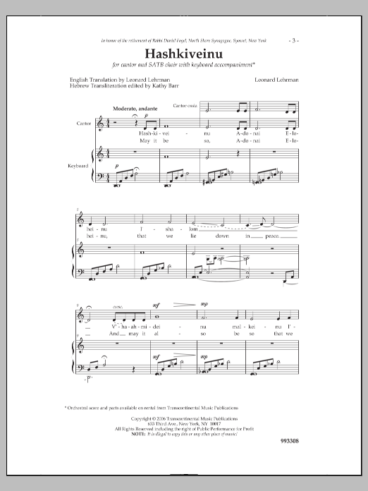 Leonard Lehrman Hashkiveinu sheet music notes and chords arranged for SATB Choir