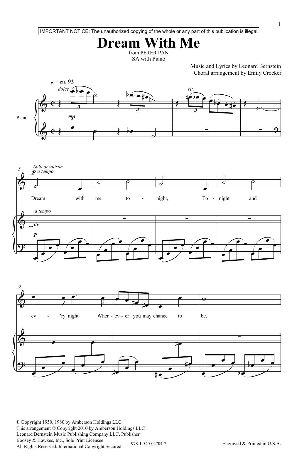 Leonard Bernstein Dream With Me (from Peter Pan Suite) (arr. Emily Crocker) sheet music notes and chords arranged for Choir