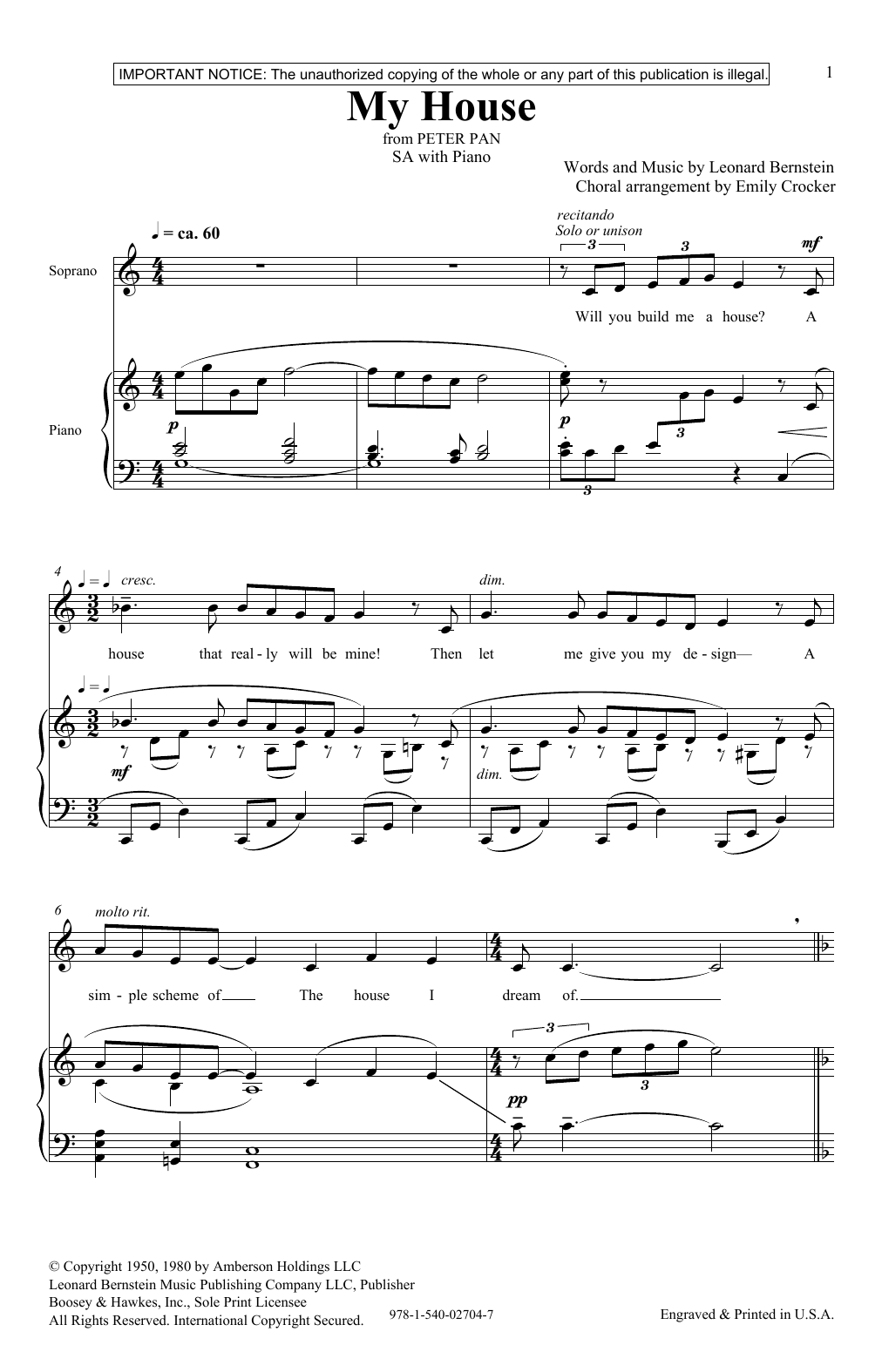 Leonard Bernstein My House (from Peter Pan Suite) (arr. Emily Crocker) sheet music notes and chords arranged for Choir
