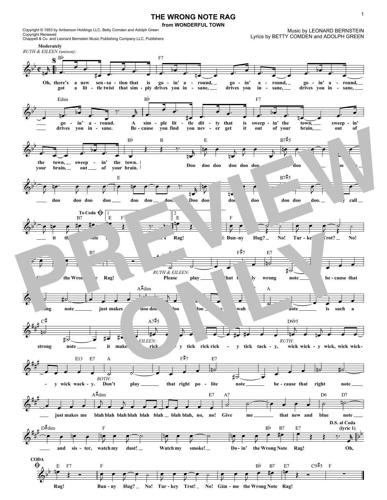 Leonard Bernstein The Wrong Note Rag (from Wonderful Town) sheet music notes and chords arranged for Lead Sheet / Fake Book