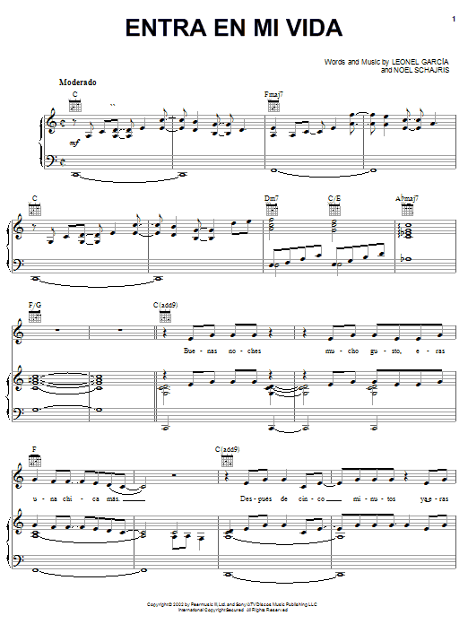 Leonel Garcia Entra en mi vida sheet music notes and chords arranged for Piano, Vocal & Guitar Chords (Right-Hand Melody)
