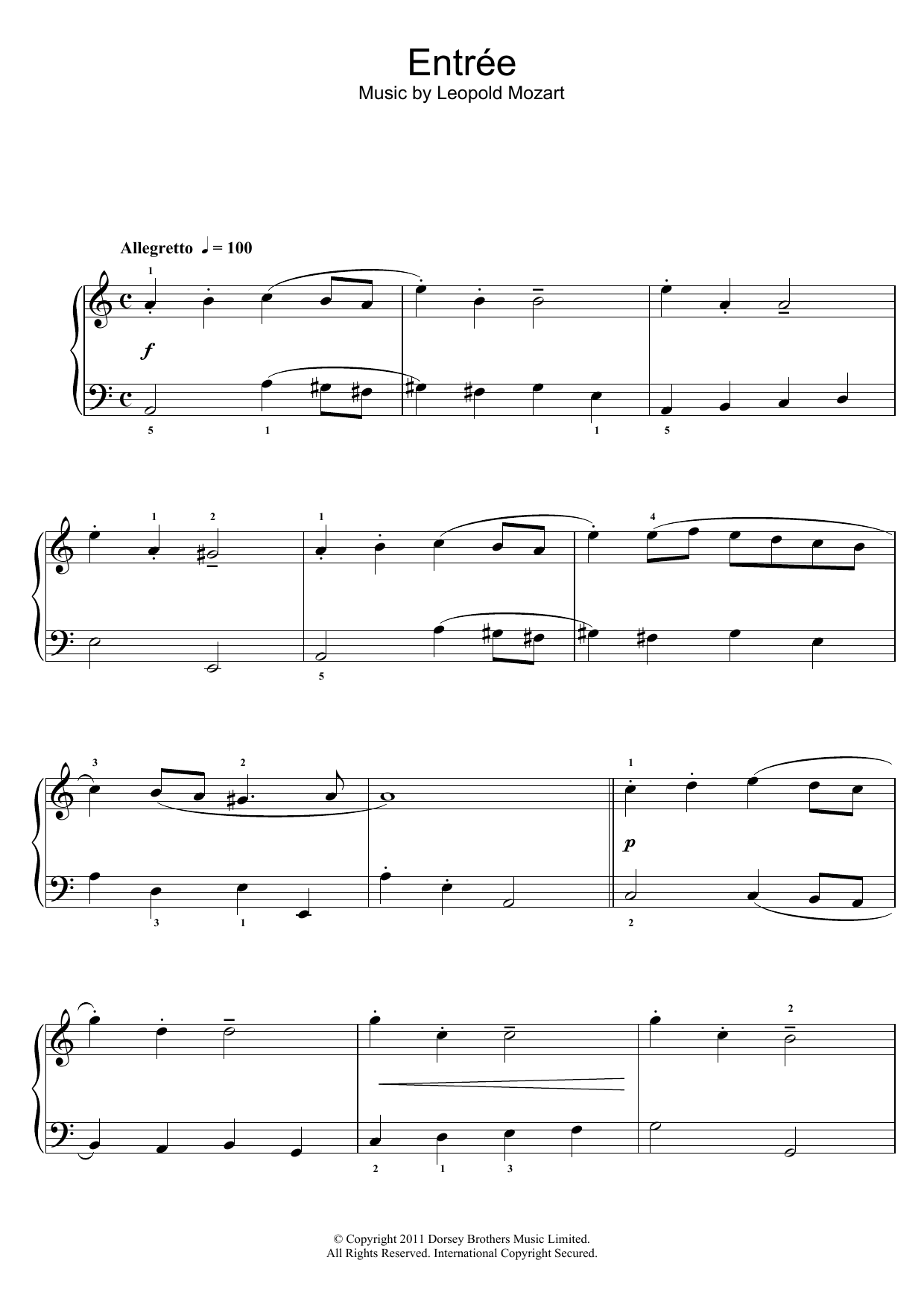 Leopold Mozart Entree sheet music notes and chords arranged for Piano Solo