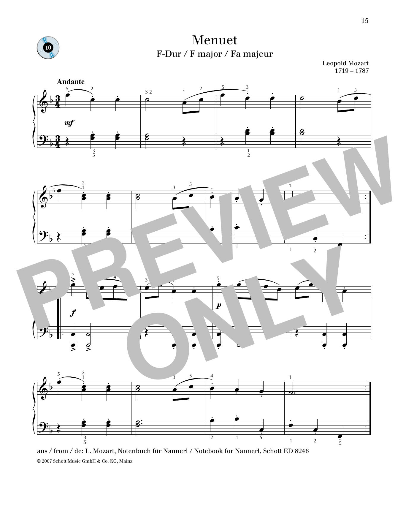 Leopold Mozart Minuet F major sheet music notes and chords arranged for Piano Solo