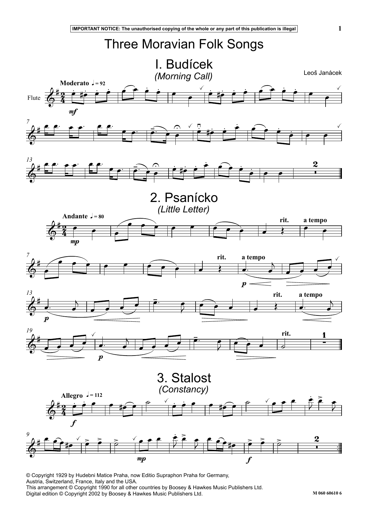 Leos Janácek Three Moravian Folk Songs sheet music notes and chords arranged for Instrumental Solo
