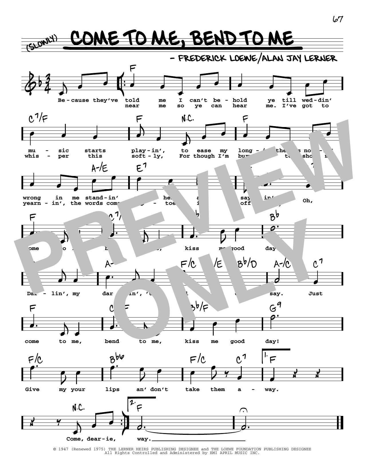Lerner & Loewe Come To Me, Bend To Me (High Voice) sheet music notes and chords arranged for Real Book – Melody, Lyrics & Chords