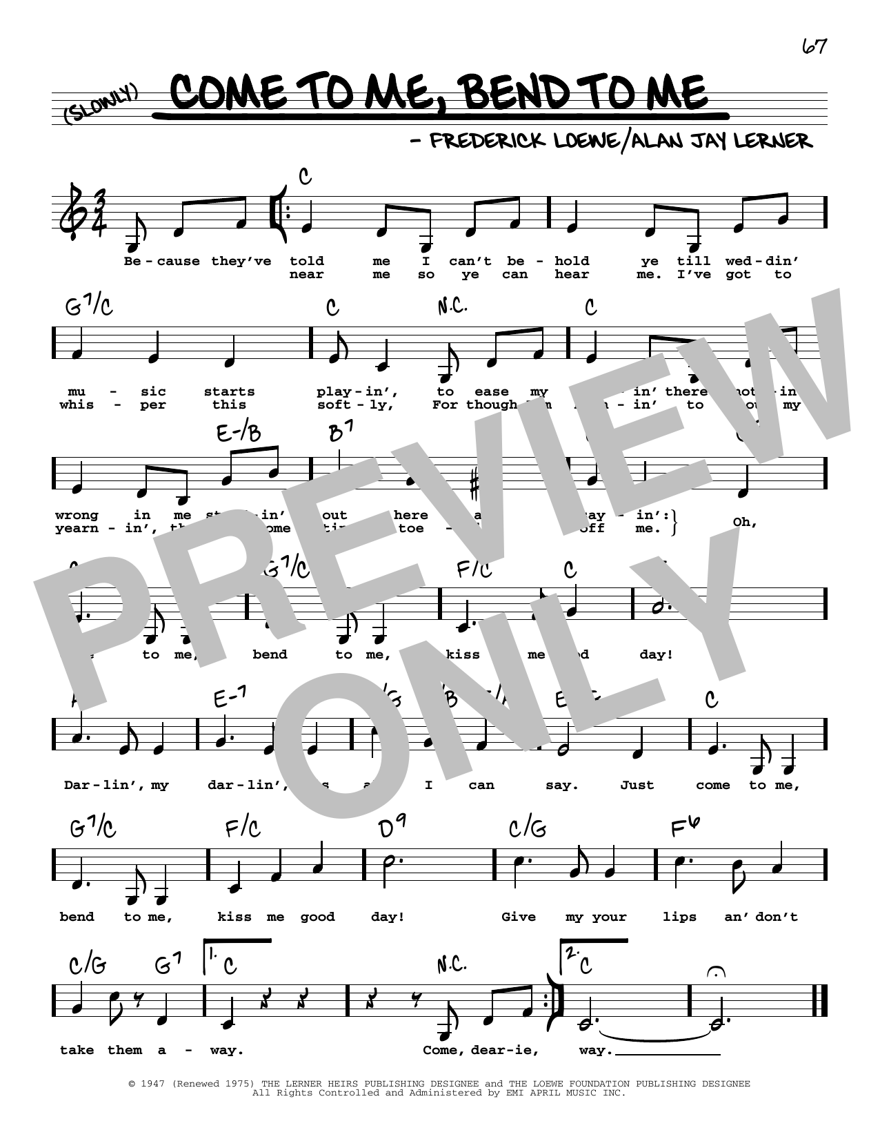 Lerner & Loewe Come To Me, Bend To Me (Low Voice) sheet music notes and chords arranged for Real Book – Melody, Lyrics & Chords