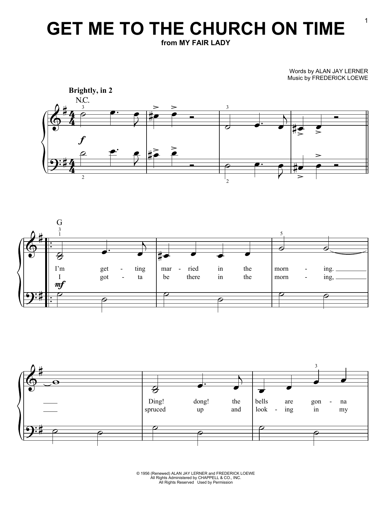 Lerner & Loewe Get Me To The Church On Time (from My Fair Lady) sheet music notes and chords arranged for Very Easy Piano