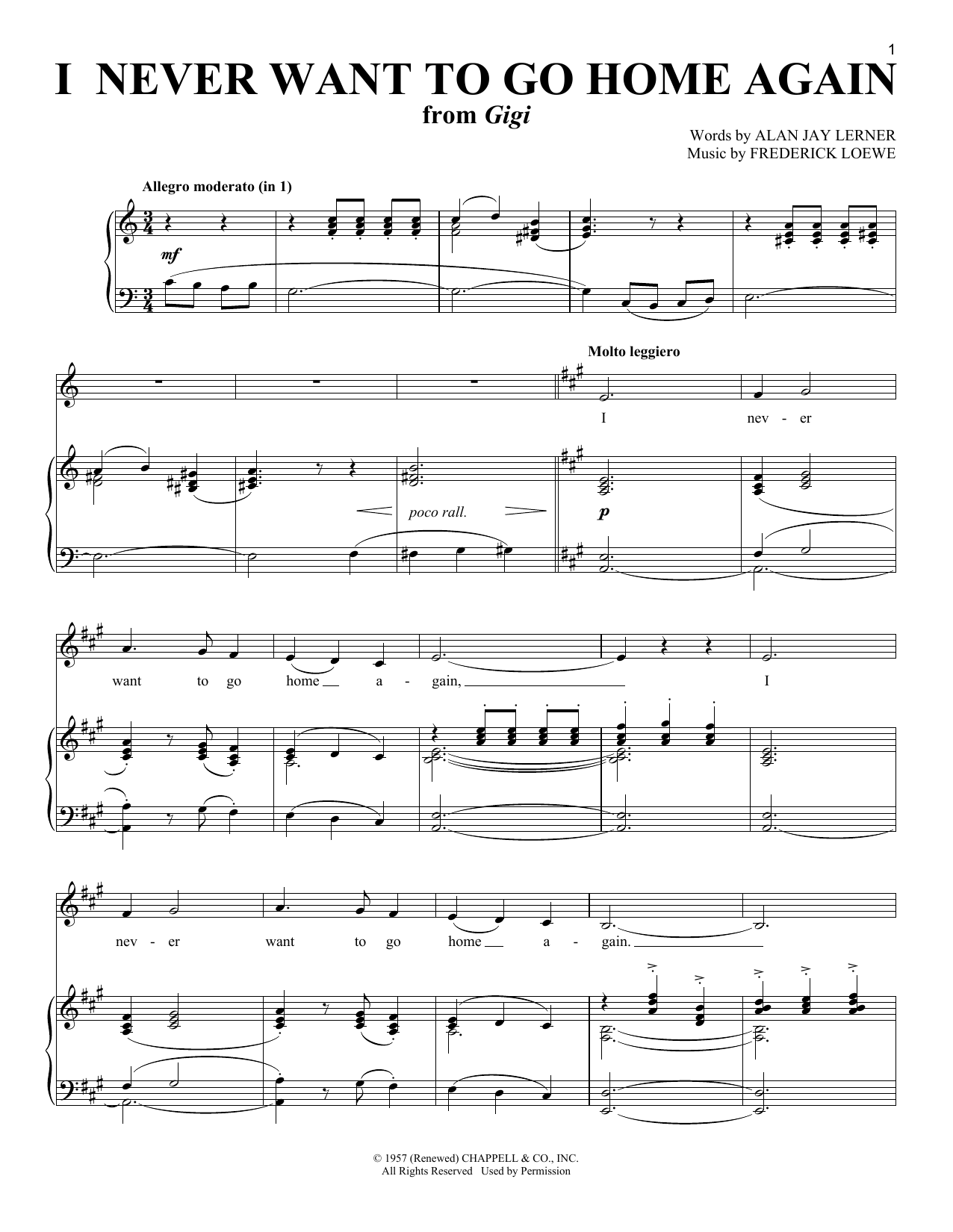 Lerner & Loewe I Never Want To Go Home Again (from Gigi) sheet music notes and chords arranged for Piano & Vocal
