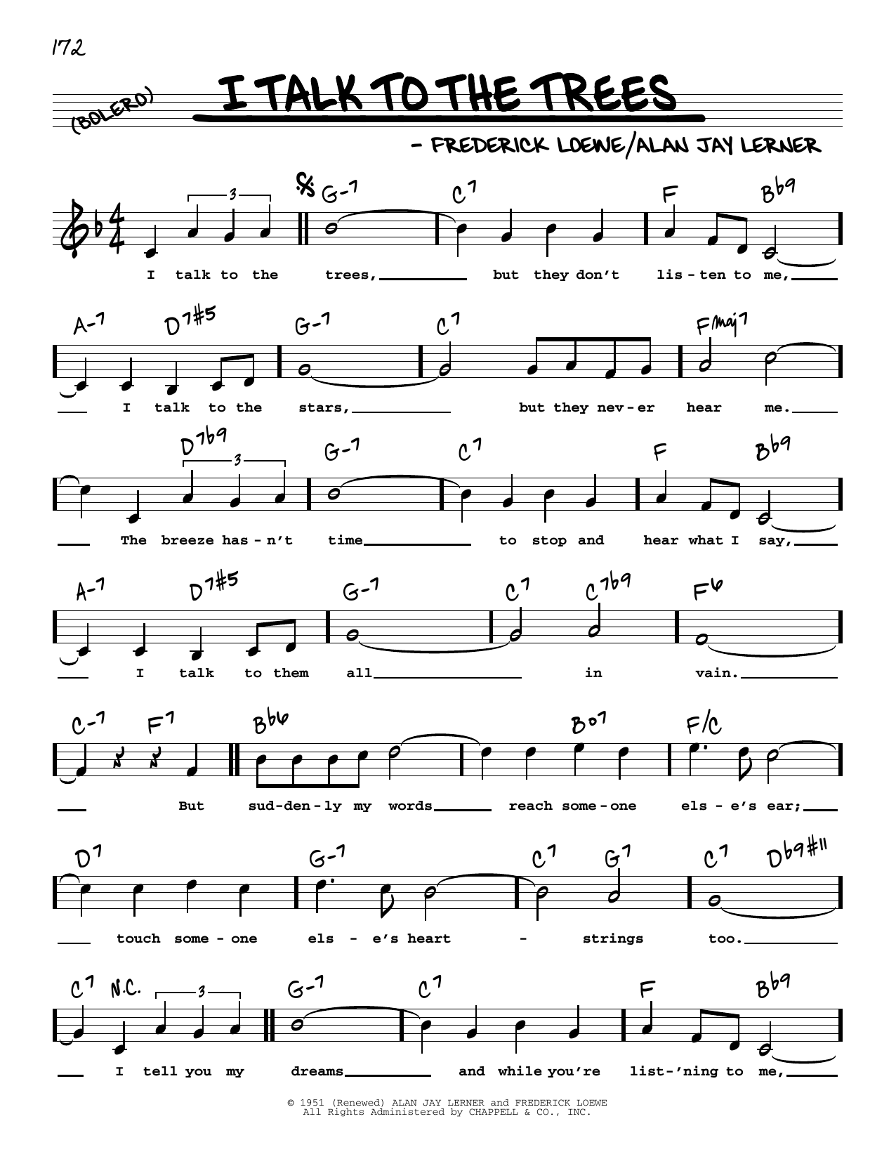 Lerner & Loewe I Talk To The Trees (High Voice) sheet music notes and chords arranged for Real Book – Melody, Lyrics & Chords