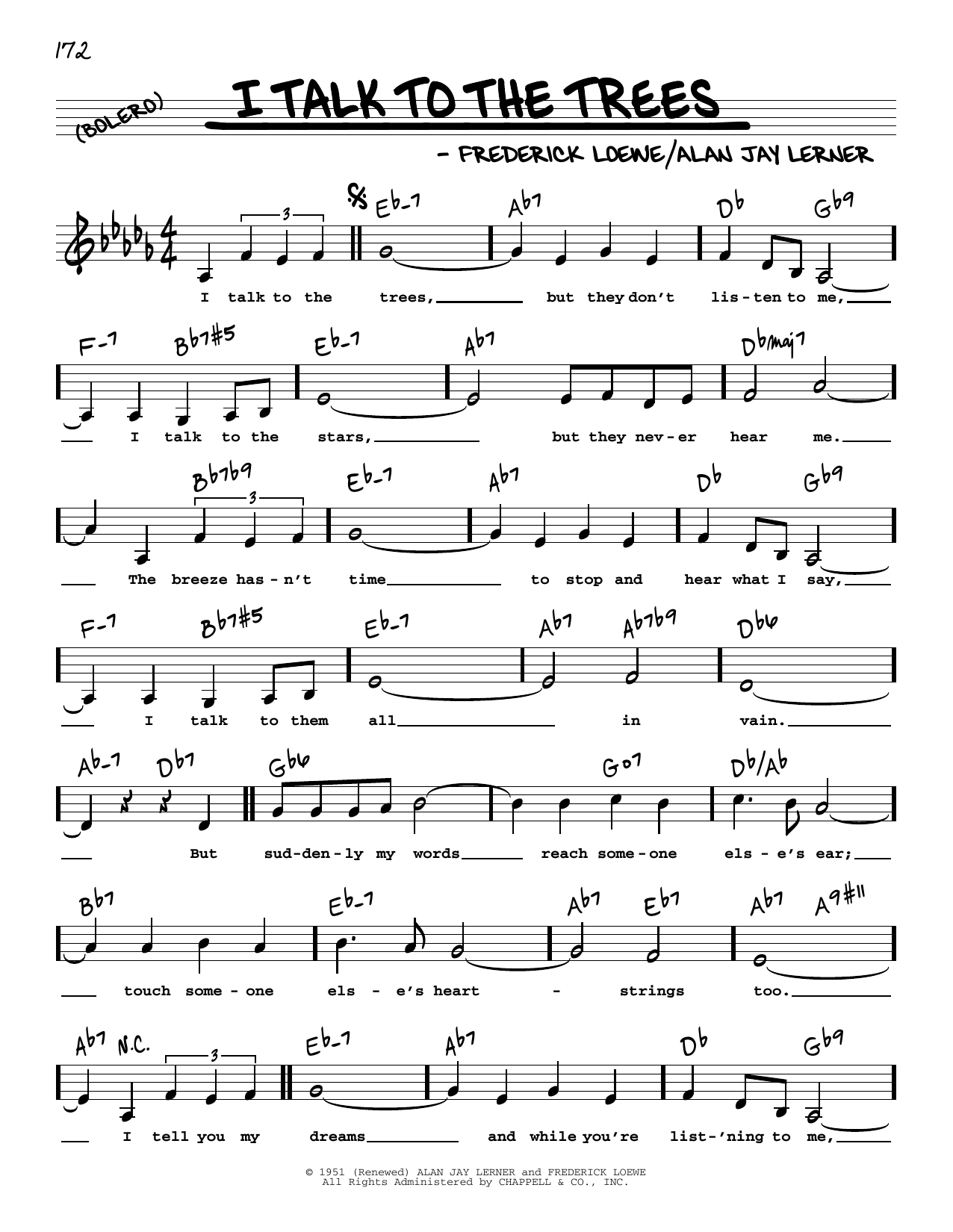 Lerner & Loewe I Talk To The Trees (Low Voice) sheet music notes and chords arranged for Real Book – Melody, Lyrics & Chords