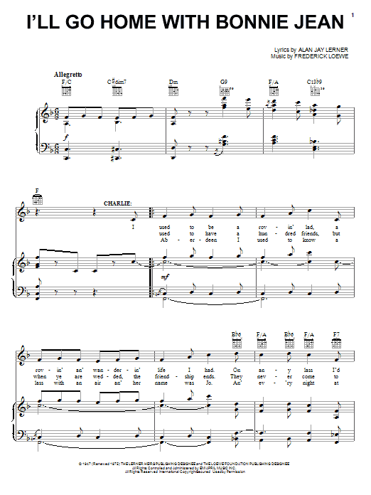 Lerner & Loewe I'll Go Home With Bonnie Jean sheet music notes and chords arranged for Piano, Vocal & Guitar Chords (Right-Hand Melody)