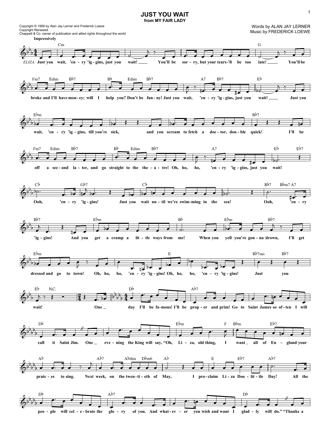 Lerner & Loewe Just You Wait sheet music notes and chords arranged for Lead Sheet / Fake Book