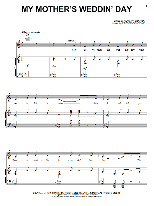 Lerner & Loewe My Mother's Weddin' Day sheet music notes and chords arranged for Piano, Vocal & Guitar Chords (Right-Hand Melody)