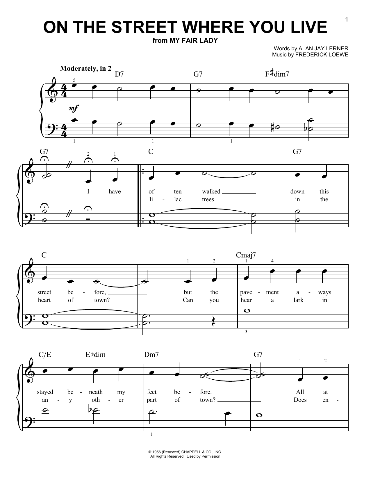 Lerner & Loewe On The Street Where You Live (from My Fair Lady) sheet music notes and chords arranged for Very Easy Piano