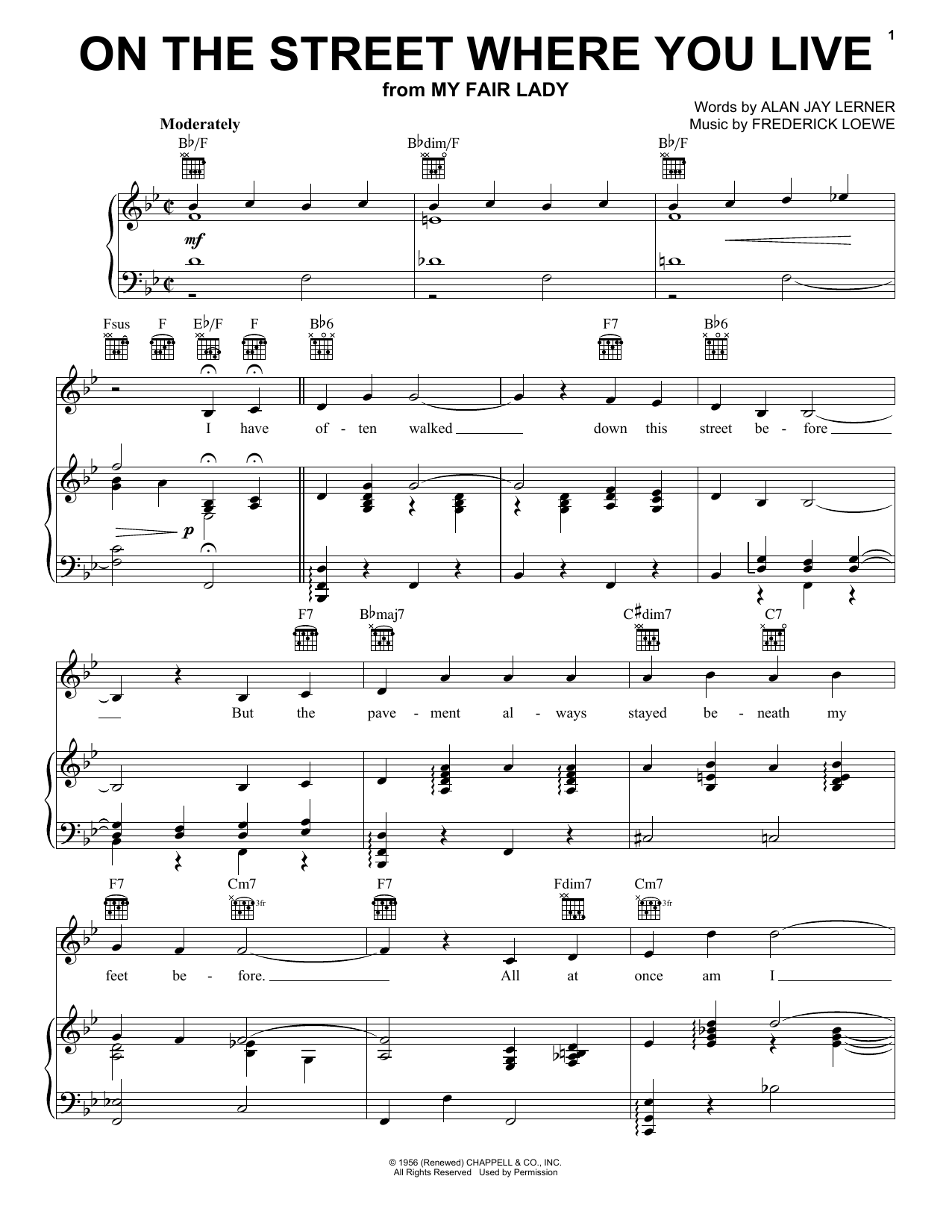 Lerner & Loewe On The Street Where You Live sheet music notes and chords arranged for Real Book – Melody, Lyrics & Chords