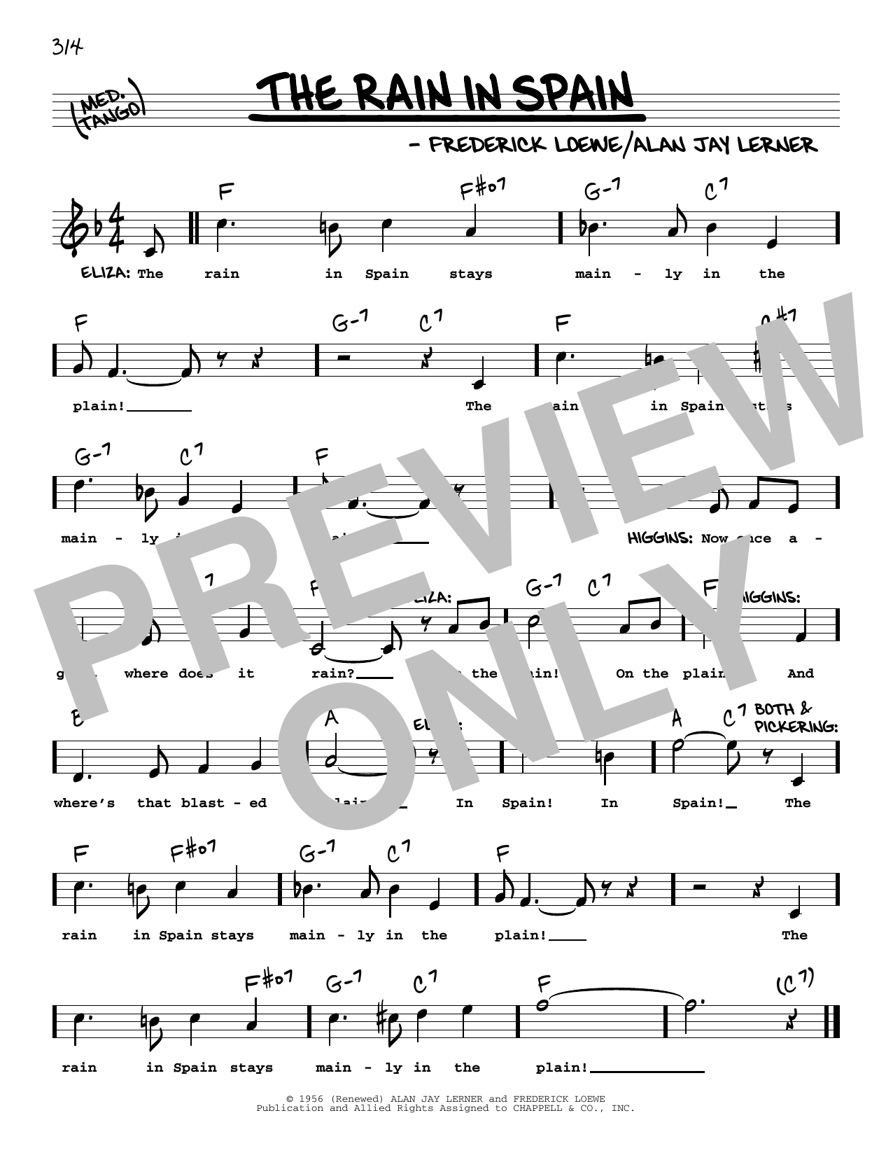 Lerner & Loewe The Rain In Spain (from My Fair Lady) (High Voice) sheet music notes and chords arranged for Real Book – Melody, Lyrics & Chords