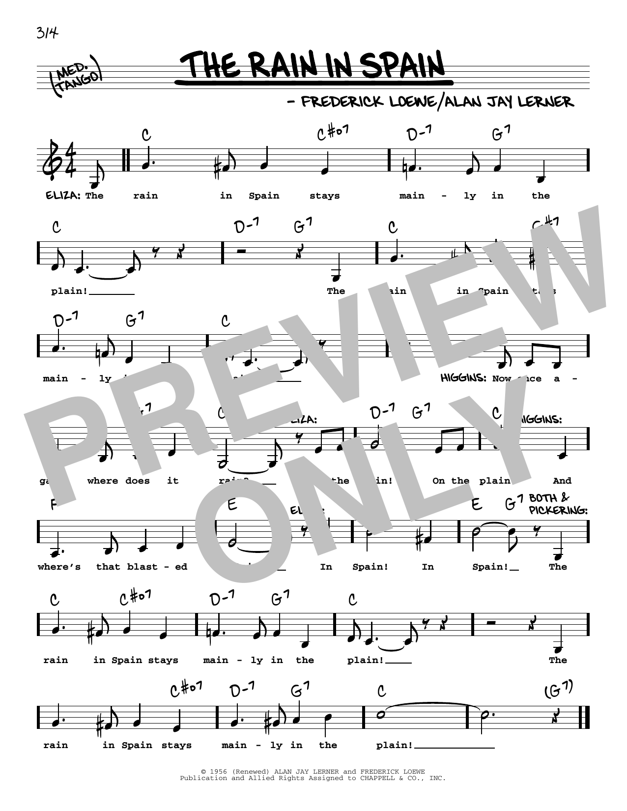 Lerner & Loewe The Rain In Spain (from My Fair Lady) (Low Voice) sheet music notes and chords arranged for Real Book – Melody, Lyrics & Chords