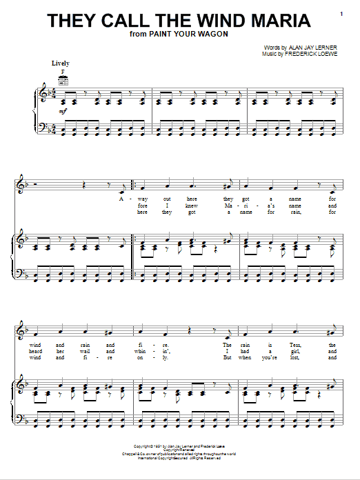 Lerner & Loewe They Call The Wind Maria sheet music notes and chords arranged for Piano & Vocal