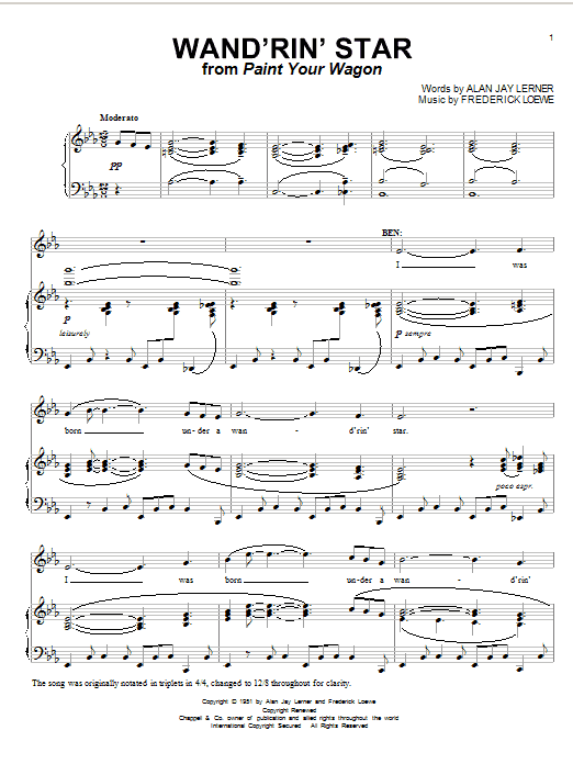 Lerner & Loewe Wand'rin' Star (from Paint Your Wagon) sheet music notes and chords arranged for Lead Sheet / Fake Book