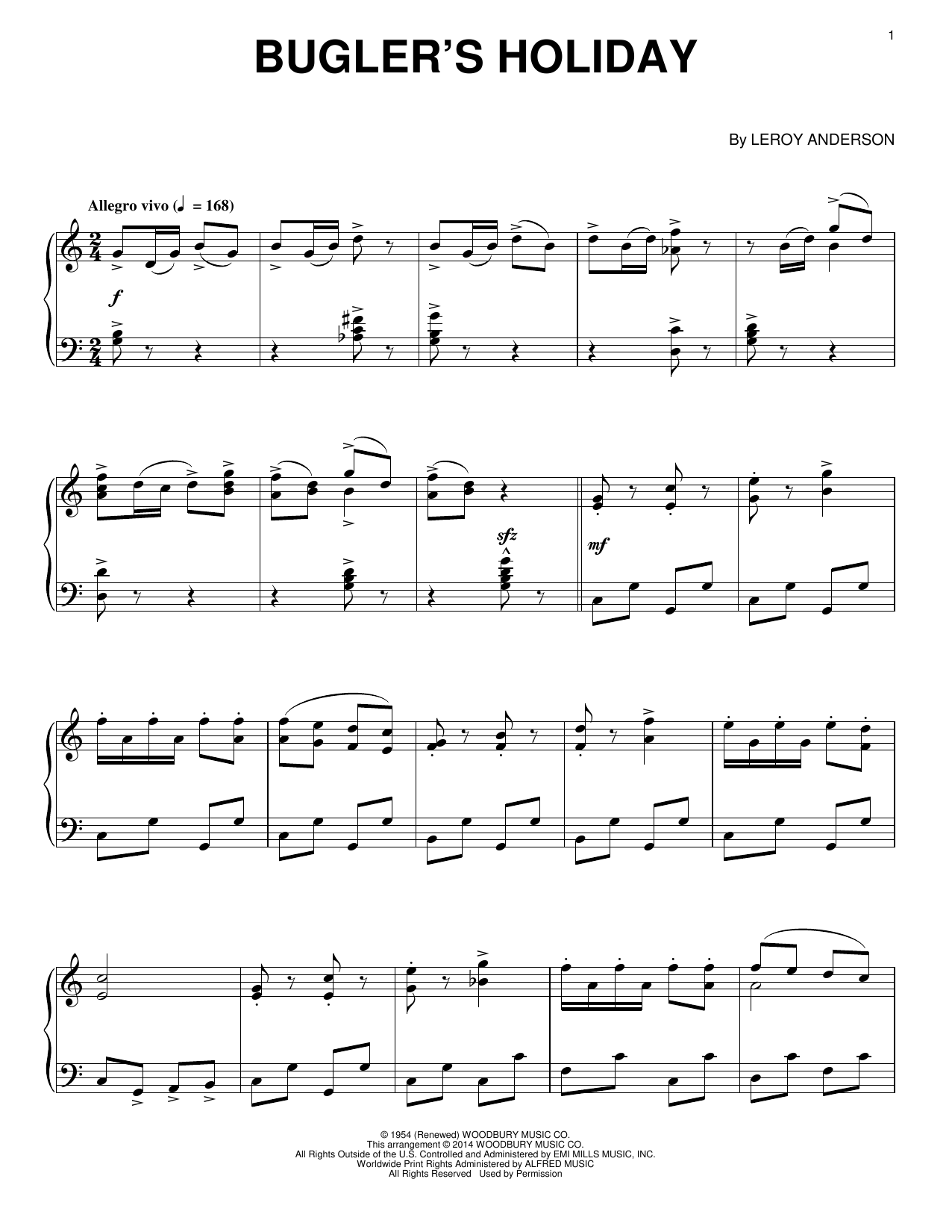 Leroy Anderson Bugler's Holiday sheet music notes and chords arranged for Piano Solo