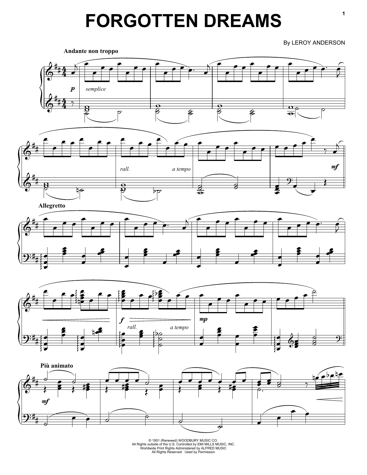 Leroy Anderson Forgotten Dreams sheet music notes and chords arranged for Piano Solo