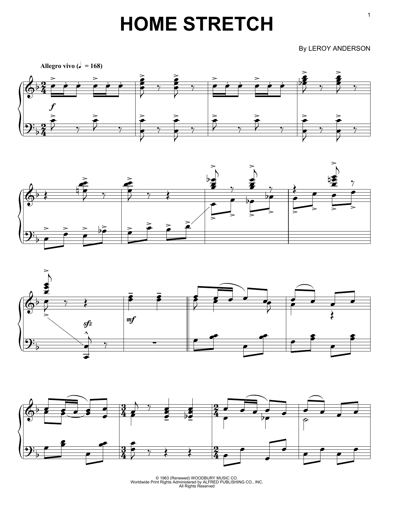 Leroy Anderson Home Stretch sheet music notes and chords arranged for Piano Solo