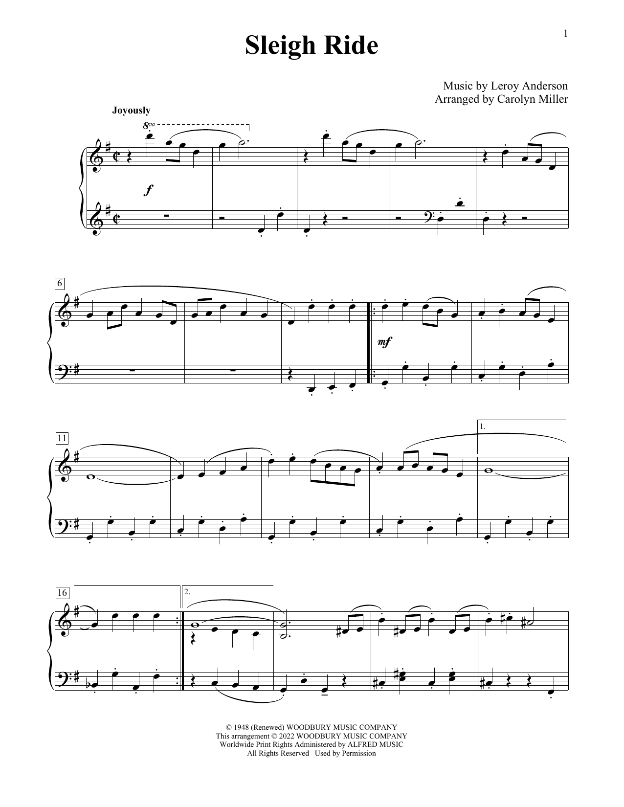 Leroy Anderson Sleigh Ride (arr. Carolyn Miller) sheet music notes and chords arranged for Educational Piano