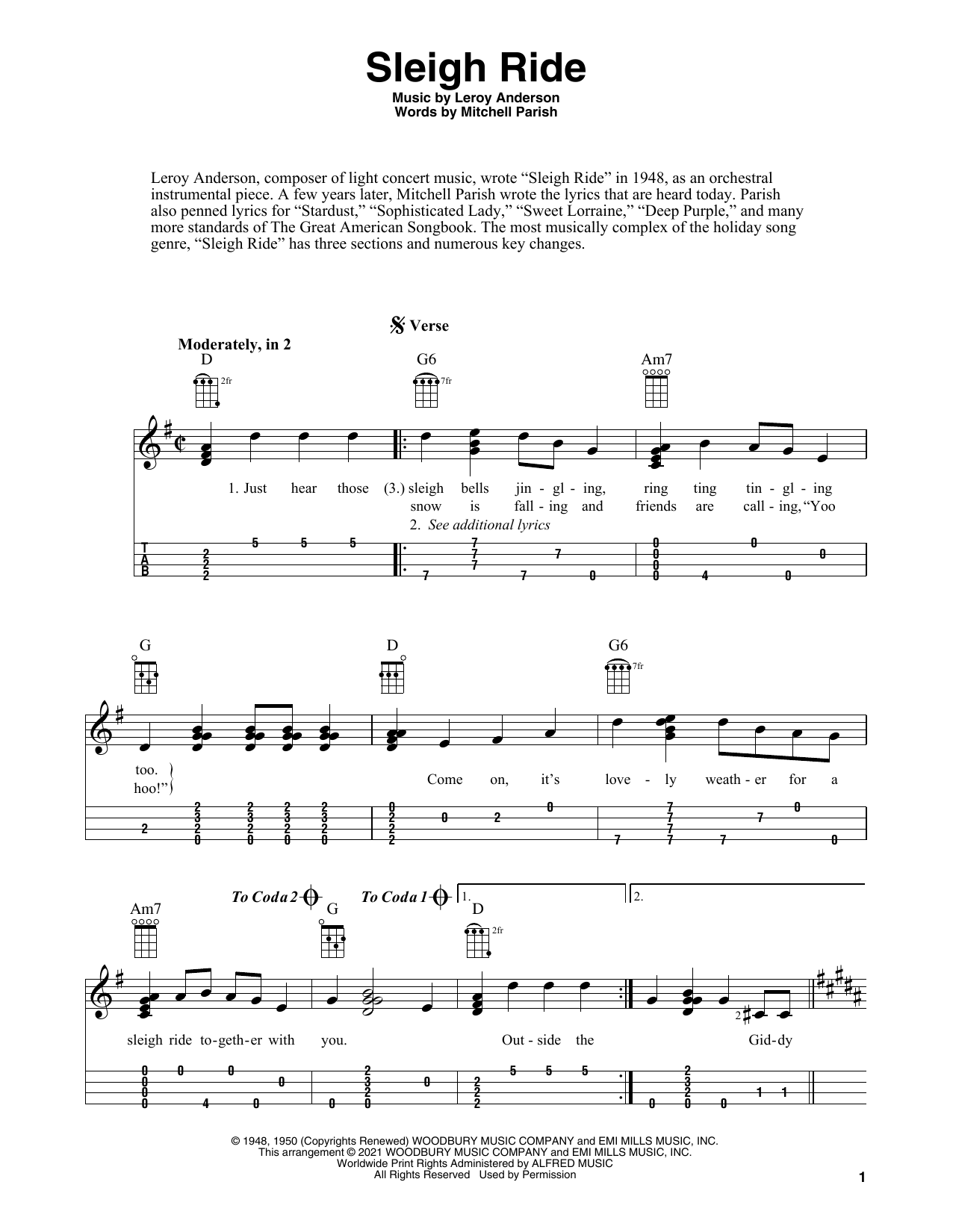 Leroy Anderson Sleigh Ride (arr. Fred Sokolow) sheet music notes and chords arranged for Ukulele