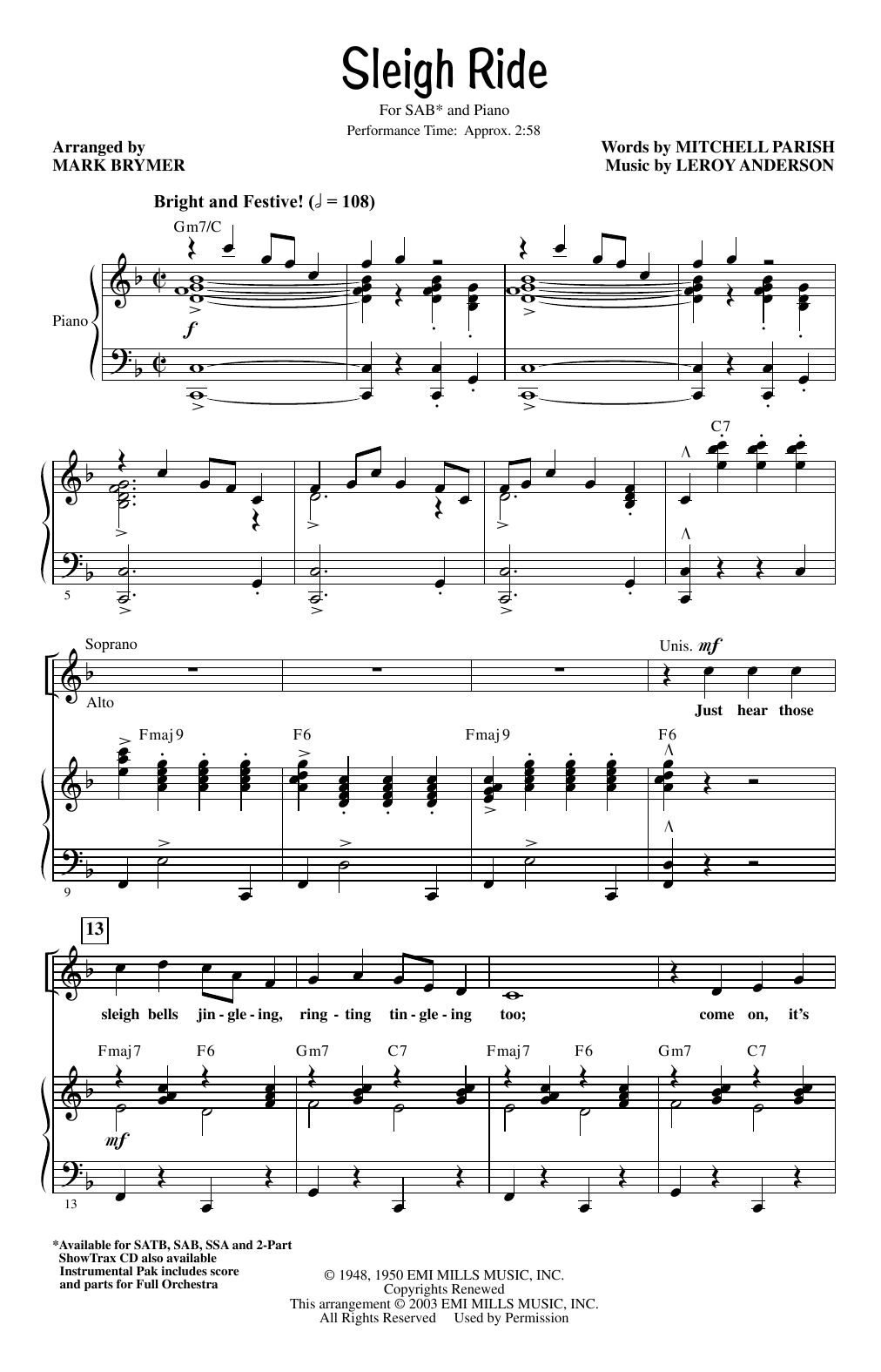 Leroy Anderson Sleigh Ride (arr. Mark Brymer) sheet music notes and chords arranged for SAB Choir