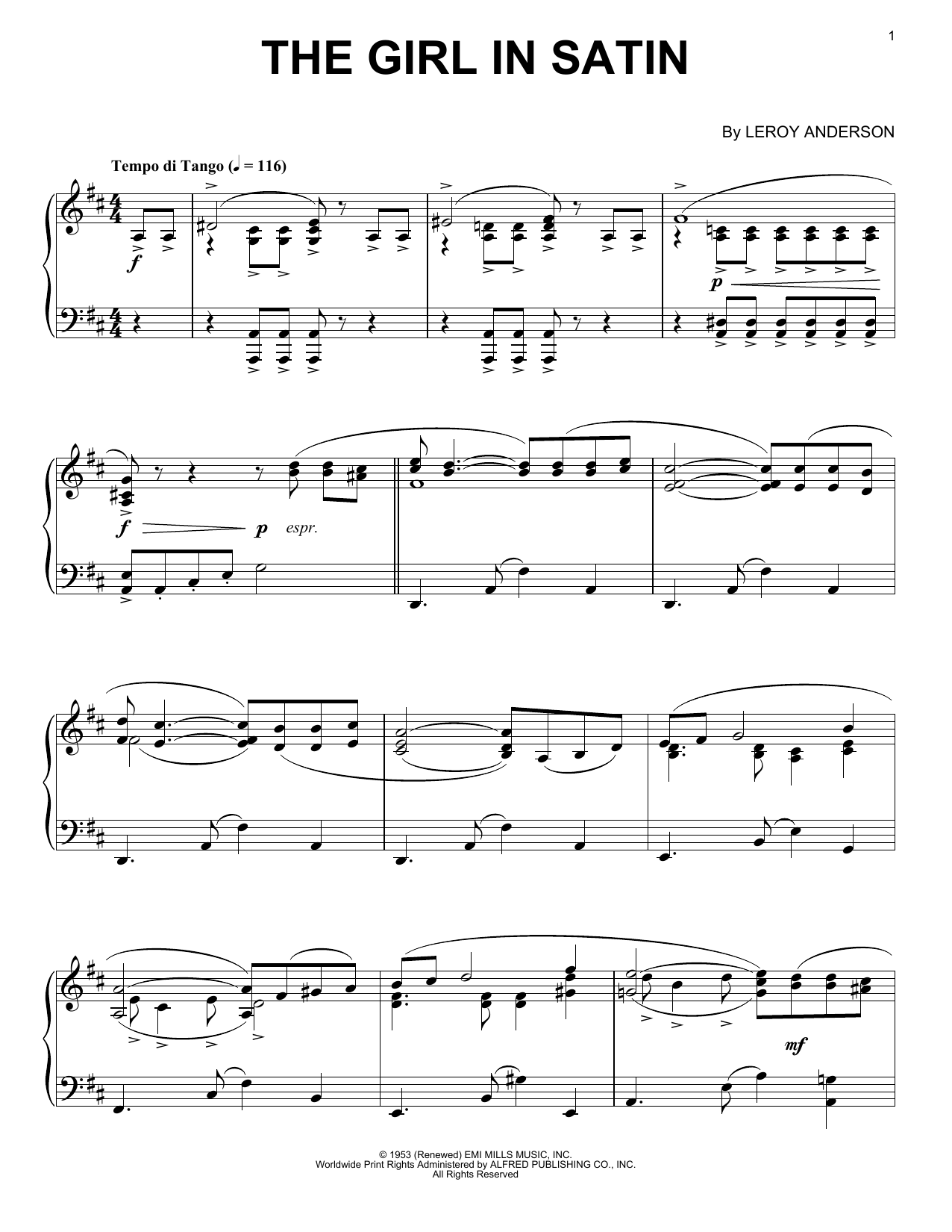 Leroy Anderson The Girl In Satin sheet music notes and chords arranged for Piano Solo