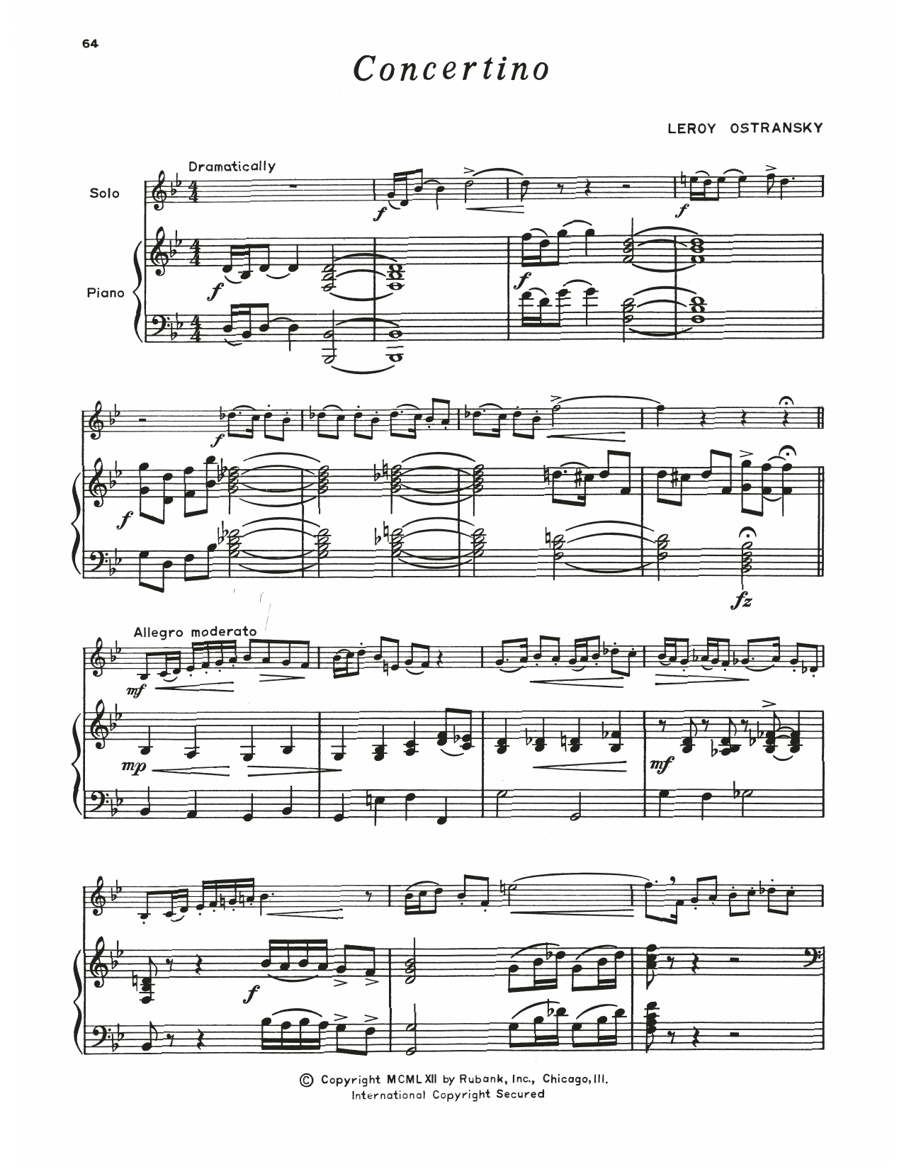 Leroy Ostransky Concertino sheet music notes and chords arranged for Baritone T.C. and Piano