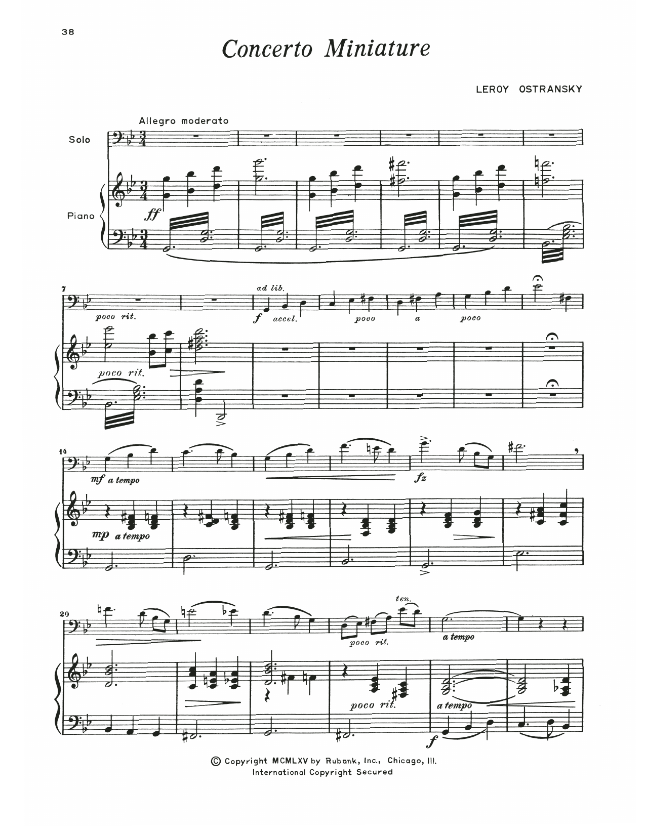 Leroy Ostransky Concerto Miniature sheet music notes and chords arranged for Trombone and Piano