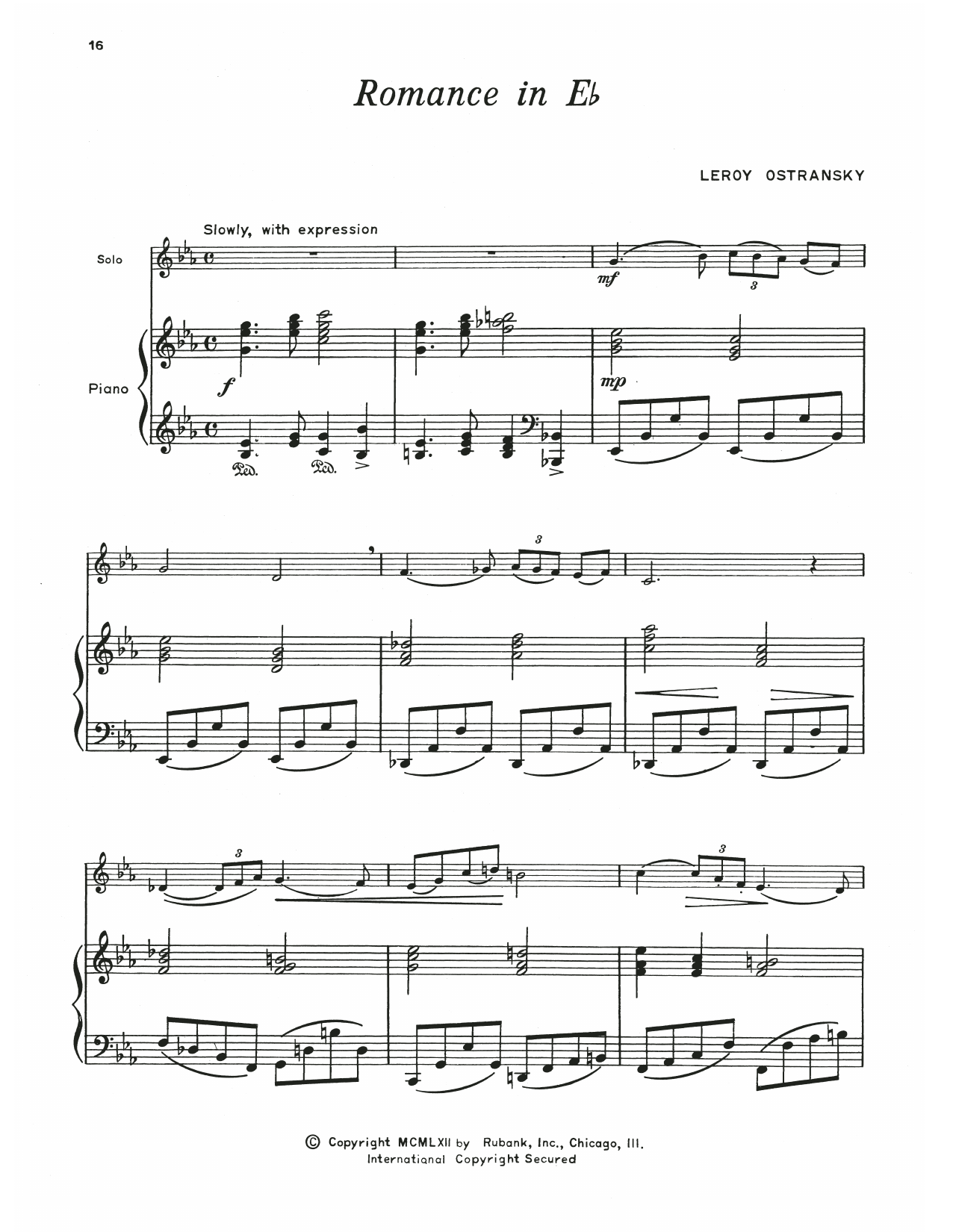 Leroy Ostransky Romance In E Flat sheet music notes and chords arranged for Trumpet and Piano