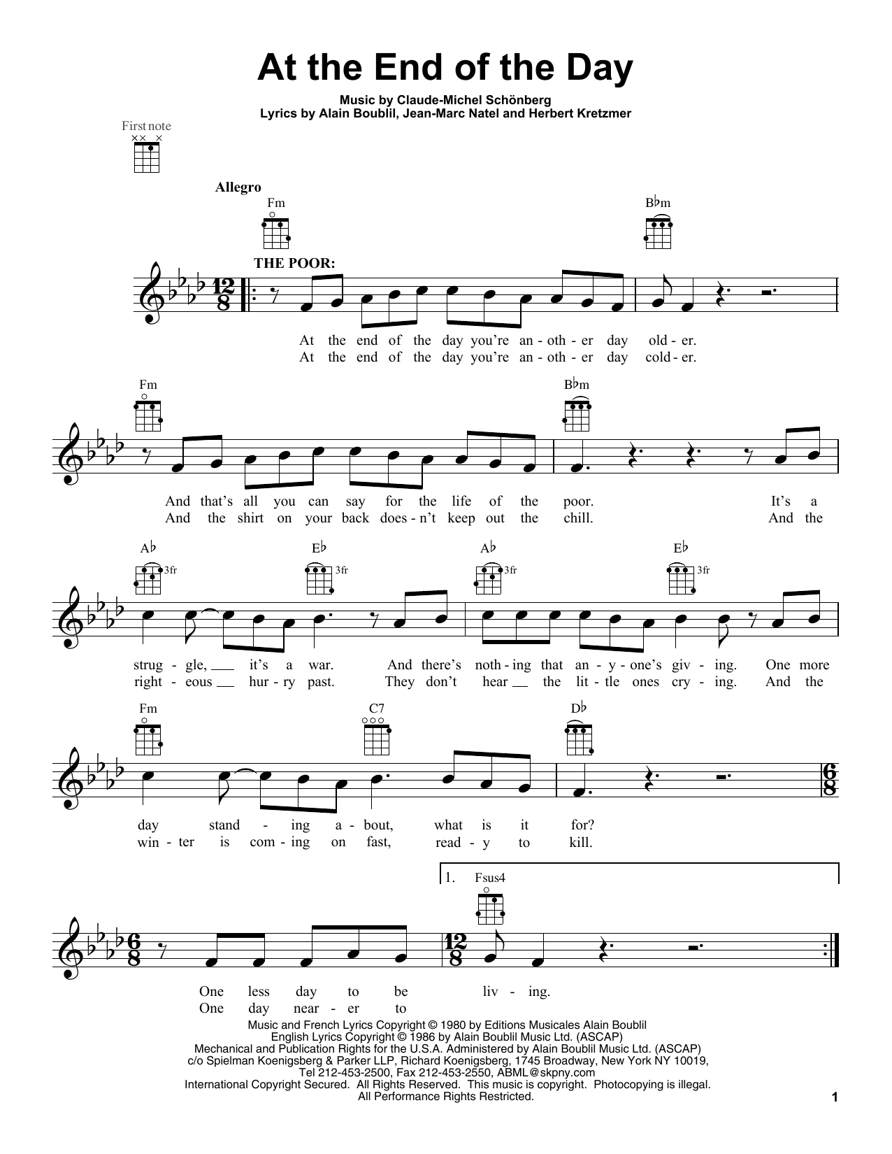 Les Miserables (Movie) At The End Of The Day sheet music notes and chords arranged for Ukulele