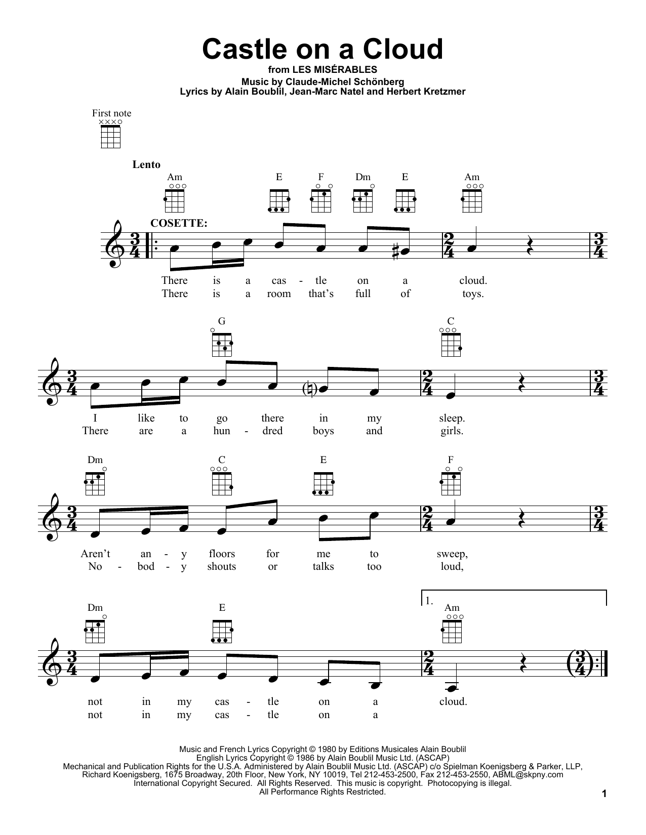 Les Miserables (Movie) Castle On A Cloud sheet music notes and chords arranged for Ukulele