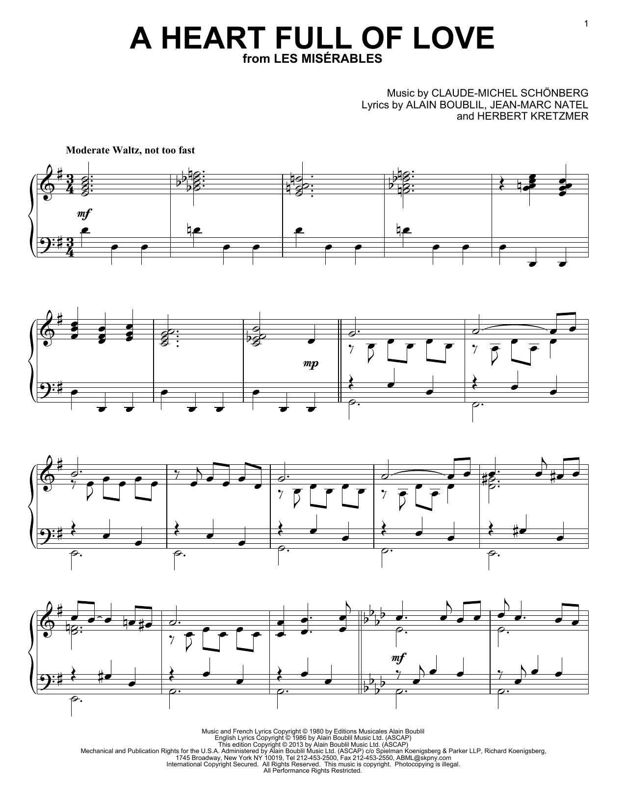 Les Miserables (Musical) A Heart Full Of Love sheet music notes and chords arranged for Piano Solo