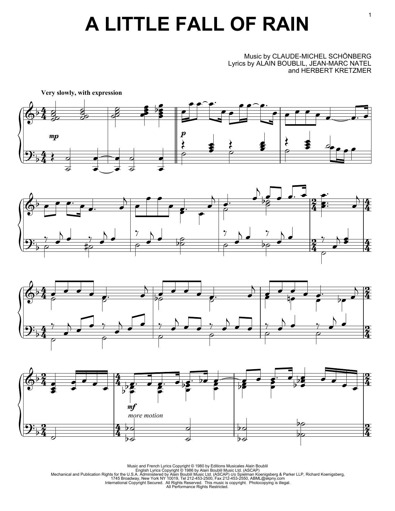 Les Miserables (Musical) A Little Fall Of Rain sheet music notes and chords arranged for Piano Solo