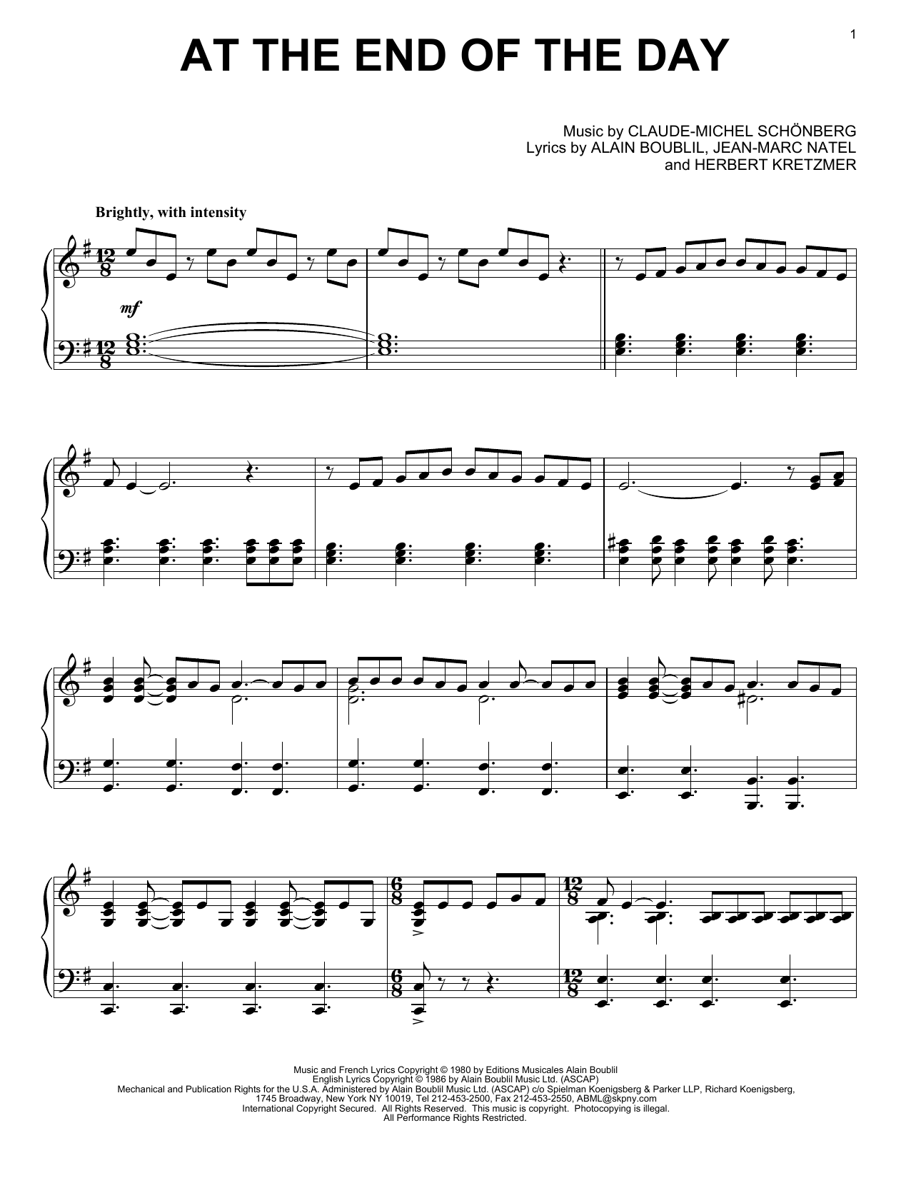 Les Miserables (Musical) At The End Of The Day sheet music notes and chords arranged for Piano Solo