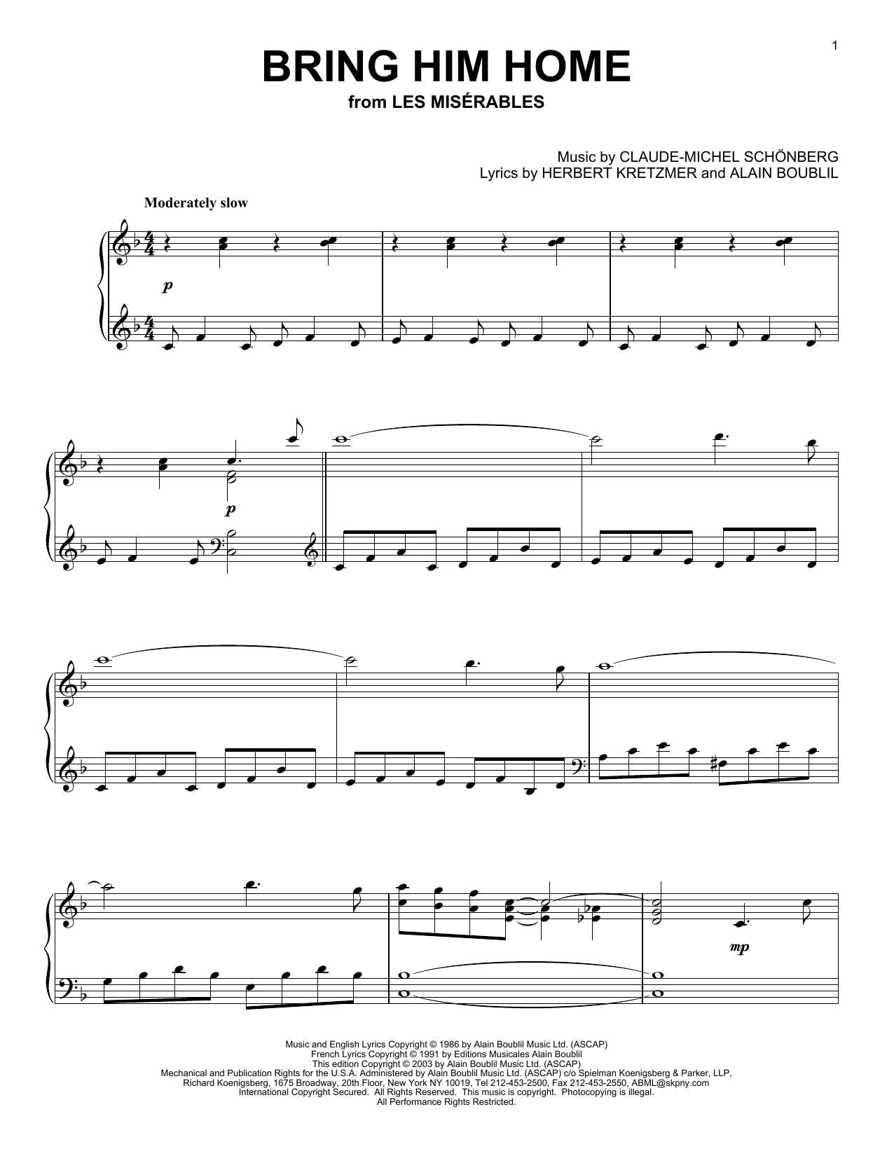 Les Miserables (Musical) Bring Him Home (from Les Miserables) sheet music notes and chords arranged for Piano Solo